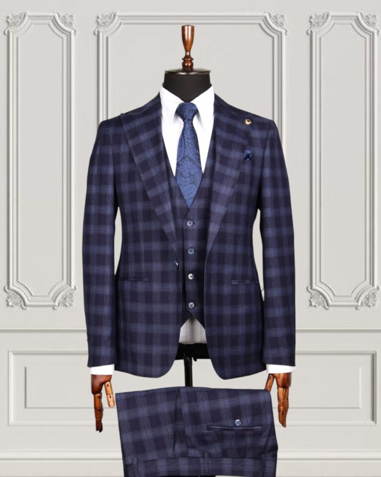 Fancy navy blue three-piece designer suit